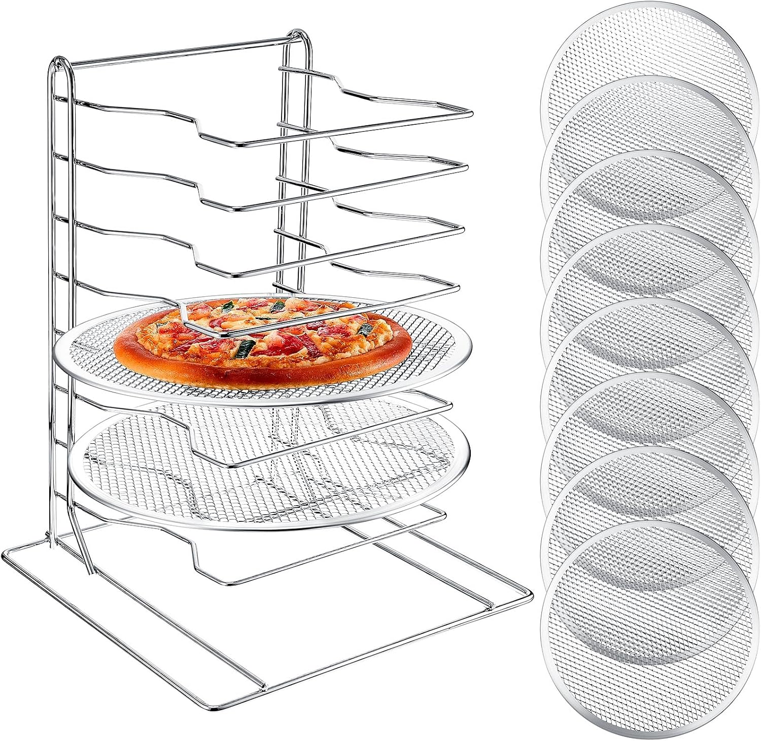 Kitchen Gadgets Hacks - ชั้นวางพิซซ่า 8 ชั้น พร้อมถาดอบอลูมิเนียม 8 ถาดที่มีรู