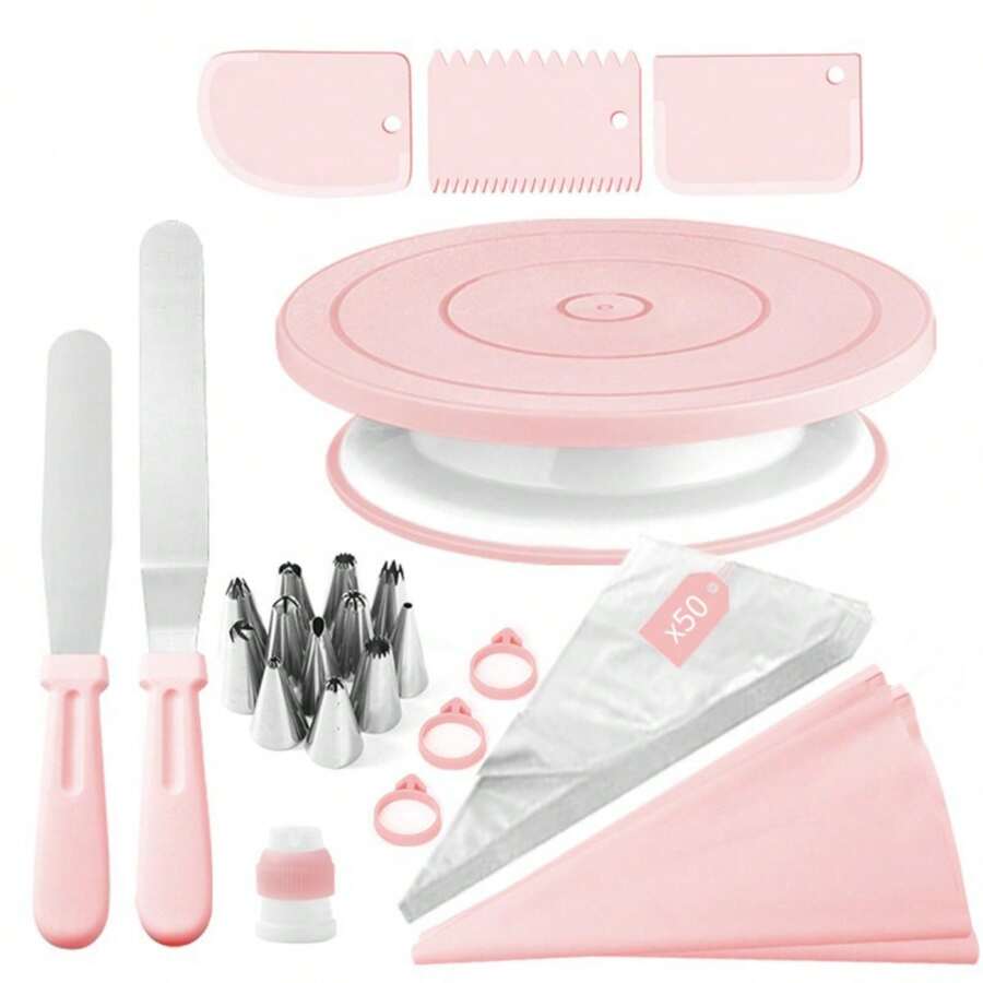 Kitchen Gadgets Green - 74 ชิ้น ชุดจานหมุนเค้กสีชมพูและสีเขียว, ชุดหัวบีบสแตนเลส, ตกแต่งเค้ก, หัวบีบไอซิ่ง,