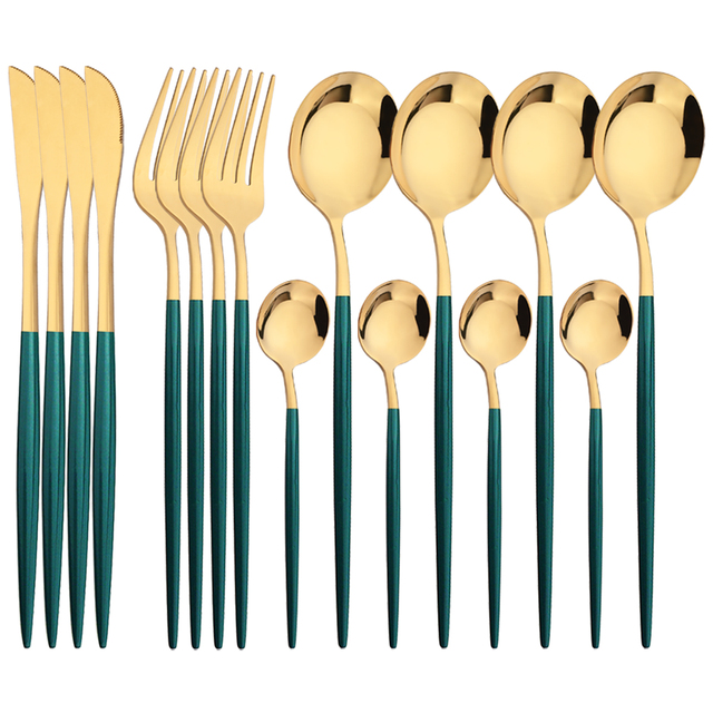 Kitchen Gadgets Green - 16 ชิ้นสีเขียวทองอาหารเย็นสแตนเลสชุดช้อนส้อมมีดส้อมช้อนชาอาหารค่ํา Flatware ชุดครัวเครื่องเงินบนโต๊ะอาหาร
